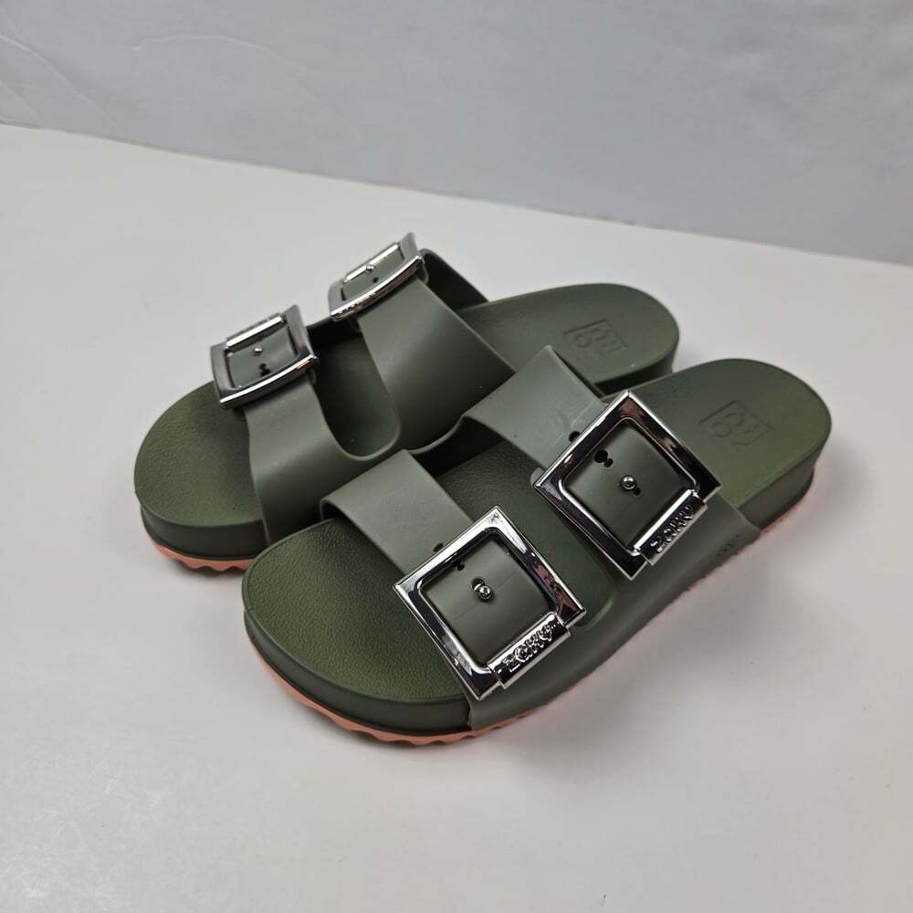 Green Slide Sandals with Silver Buckles
